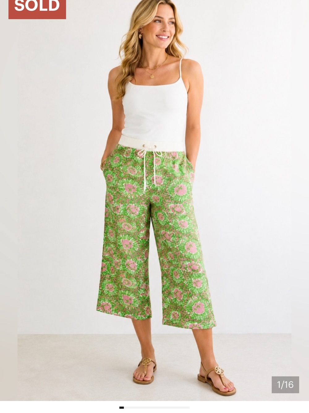 Lilly Pulitzer Lion Print Beach Pant Linen Wide Leg Crop Capri L Pink Green